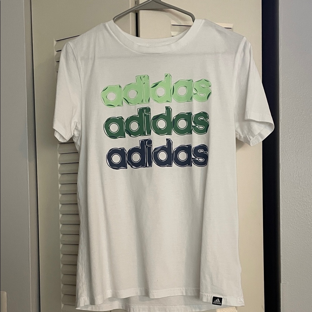 Boys Adidas White Tee with Green and Blue Logo